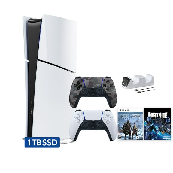 PlayStation 5 Slim Digital 1TB SSD Fortnite Cobalt Star Console Bundle with Two Controllers, God of War, White and Gray Camouflage DualSense and Dual Controller Charger - PS5 Slim Digital Console