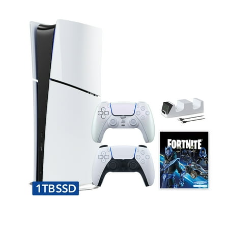 PlayStation 5 Slim Digital 1TB SSD Fortnite Cobalt Star Console with Two Controllers, White and Chroma Pearl DualSense and Dual Controller Charger - PS5 Slim Digital Console