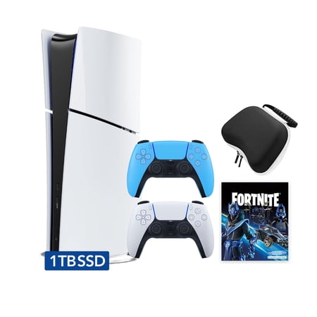 PlayStation 5 Slim Digital 1TB SSD Fortnite Cobalt Star Console with Two Controllers, White and Starlight Blue DualSense and Hard Shell Protective Controller Case - PS5 Slim Digital Console