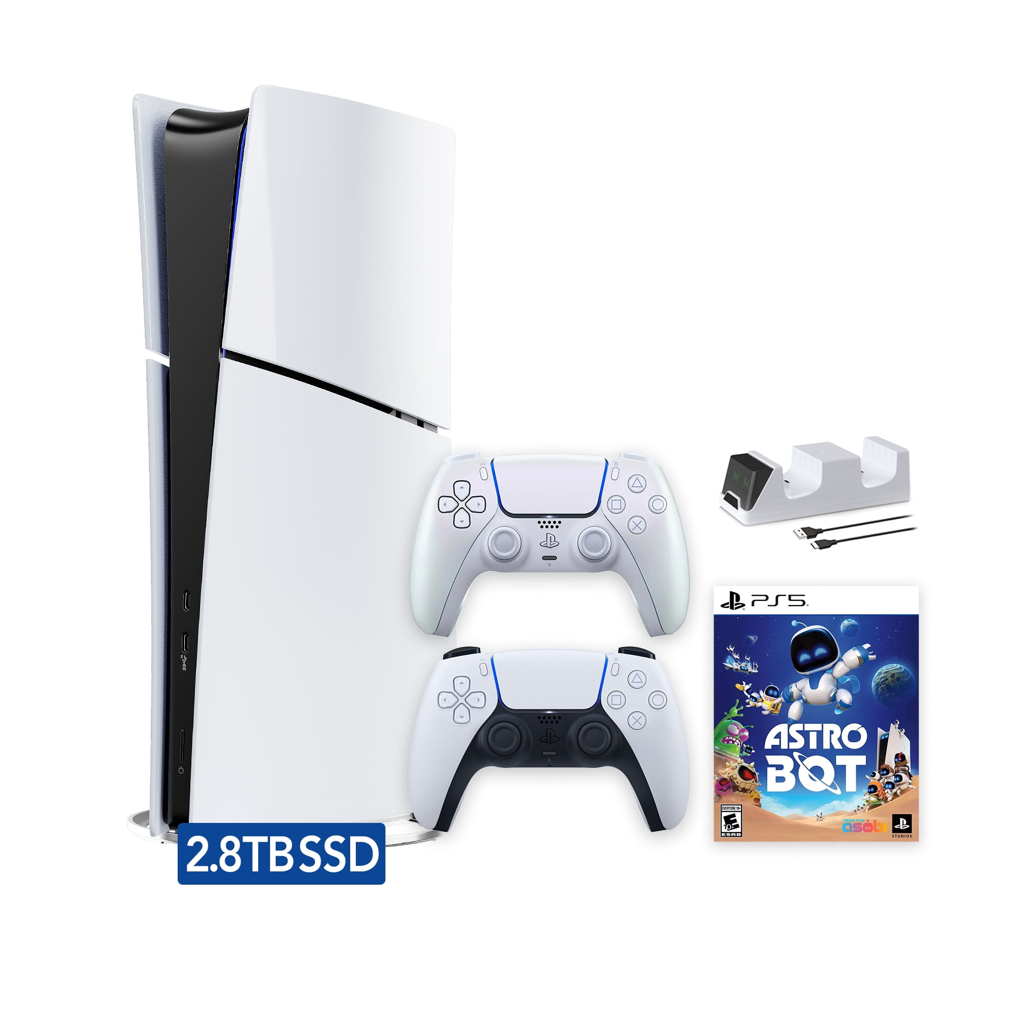 PlayStation 5 Slim Digital 2.8TB SSD ASTRO BOT Console with Two Controllers, White and Chroma Pearl DualSense and Dual Controller Charger - PS5 Slim Digital Console