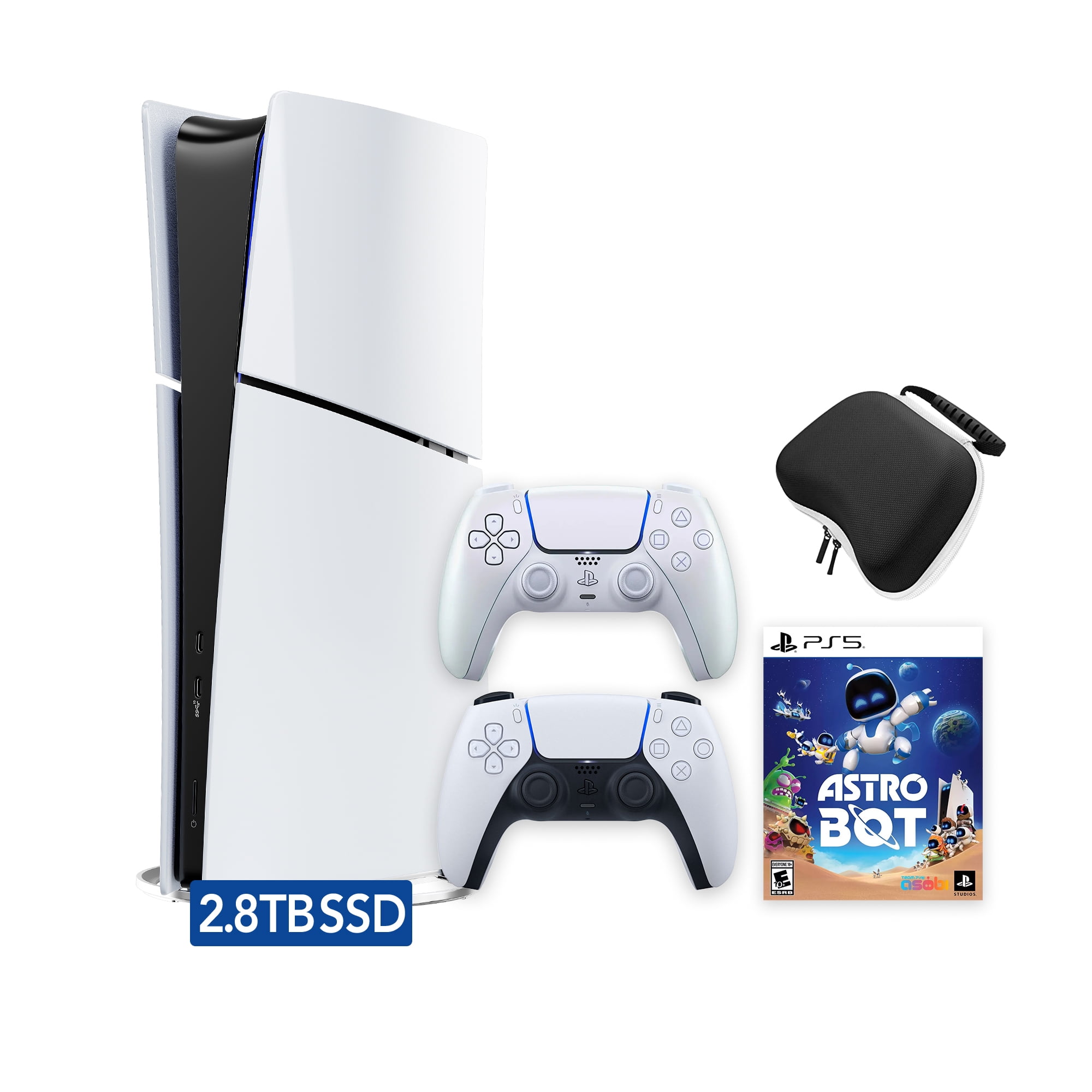 PlayStation 5 Slim Digital 825GB SSD ASTRO BOT Console with Two Controllers, White and Chroma Pearl DualSense, Hard Shell Protective Controller Case - PS5 Slim Digital Console