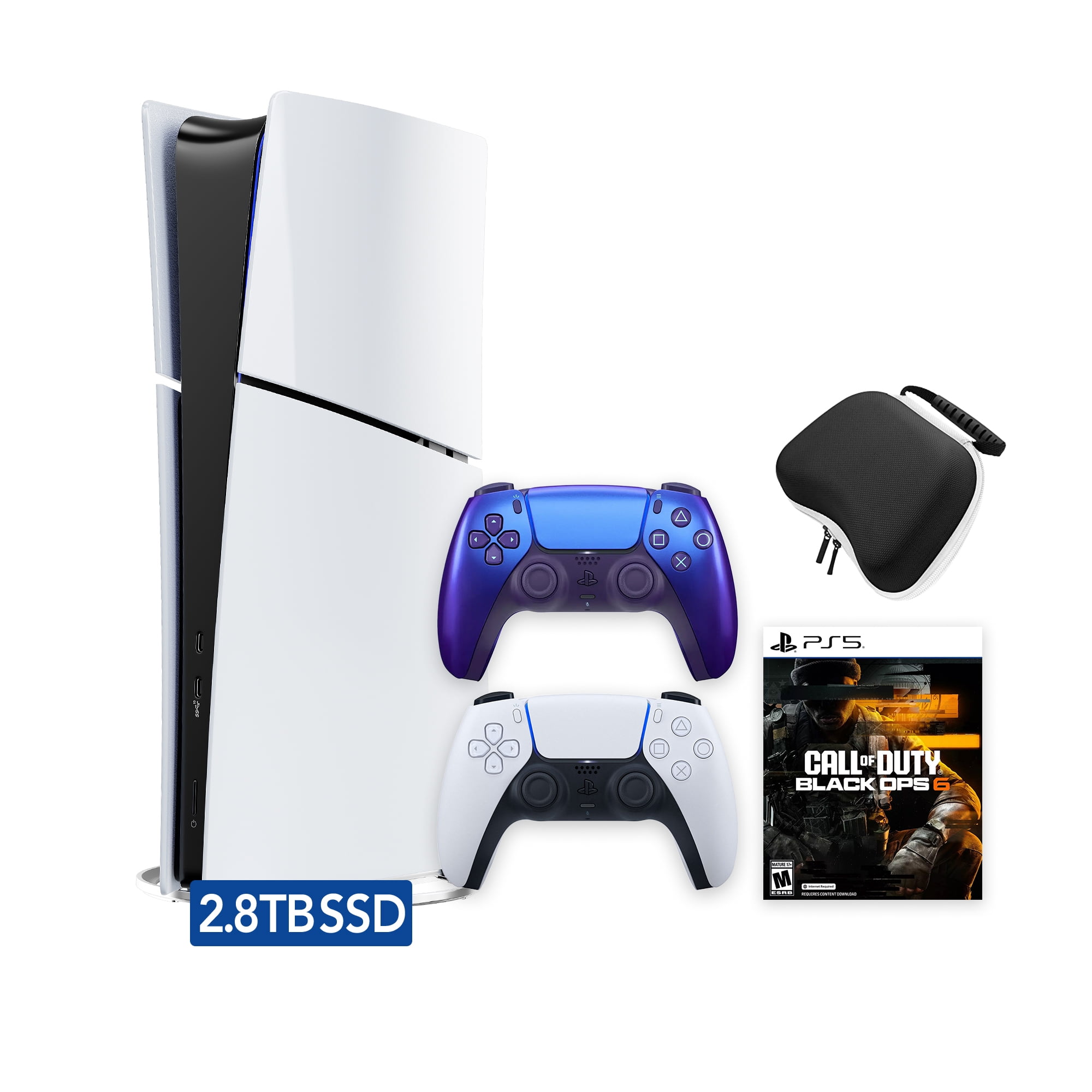 PlayStation 5 Slim Digital 2.8TB SSD Call of Duty Black Ops 6 Console with Two Controllers, White and Chroma Indigo DualSense and Hard Shell Protective Controller Case - PS5 Slim Digital Console