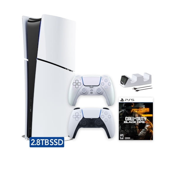 PlayStation 5 Slim Digital 2.8TB SSD Call of Duty Black Ops 6 Console with Two Controllers, White and Chroma Pearl DualSense and Dual Controller Charger - PS5 Slim Digital Console