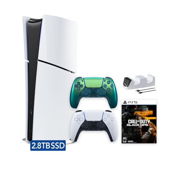 PlayStation 5 Slim Digital 2.8TB SSD Call of Duty Black Ops 6 Console with Two Controllers, White and Chroma Teal DualSense and Dual Controller Charger - PS5 Slim Digital Console