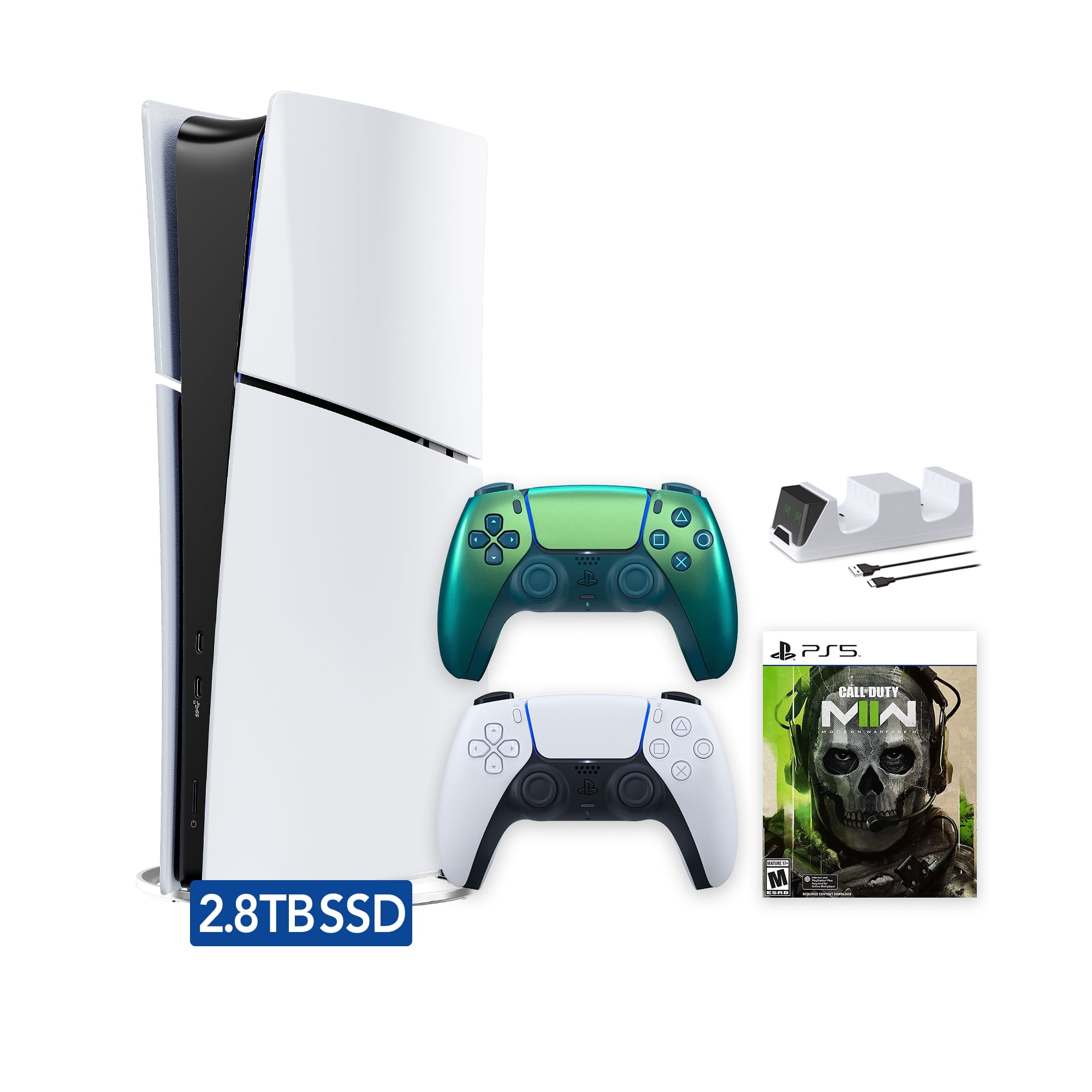 PlayStation 5 Slim Digital 2.8TB SSD Call of Duty Modern Warfare II Console with Two Controllers, White and Chroma Teal DualSense and Dual Controller Charger - PS5 Slim Digital Console