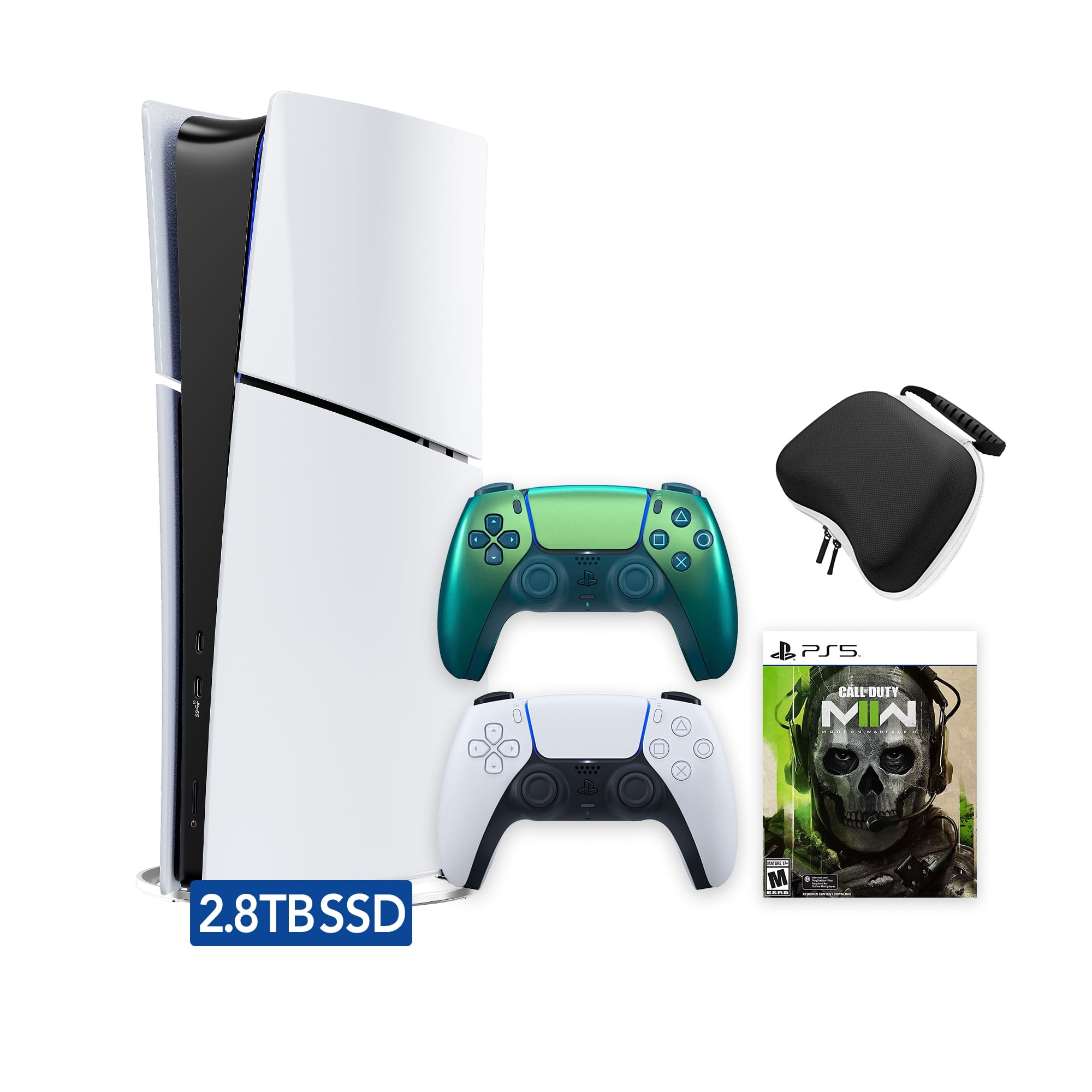 PlayStation 5 Slim Digital 2.8TB SSD Call of Duty Modern Warfare II Console with Two Controllers, White and Chroma Teal DualSense and Hard Shell Protective Controller Case - PS5 Slim Digital Console