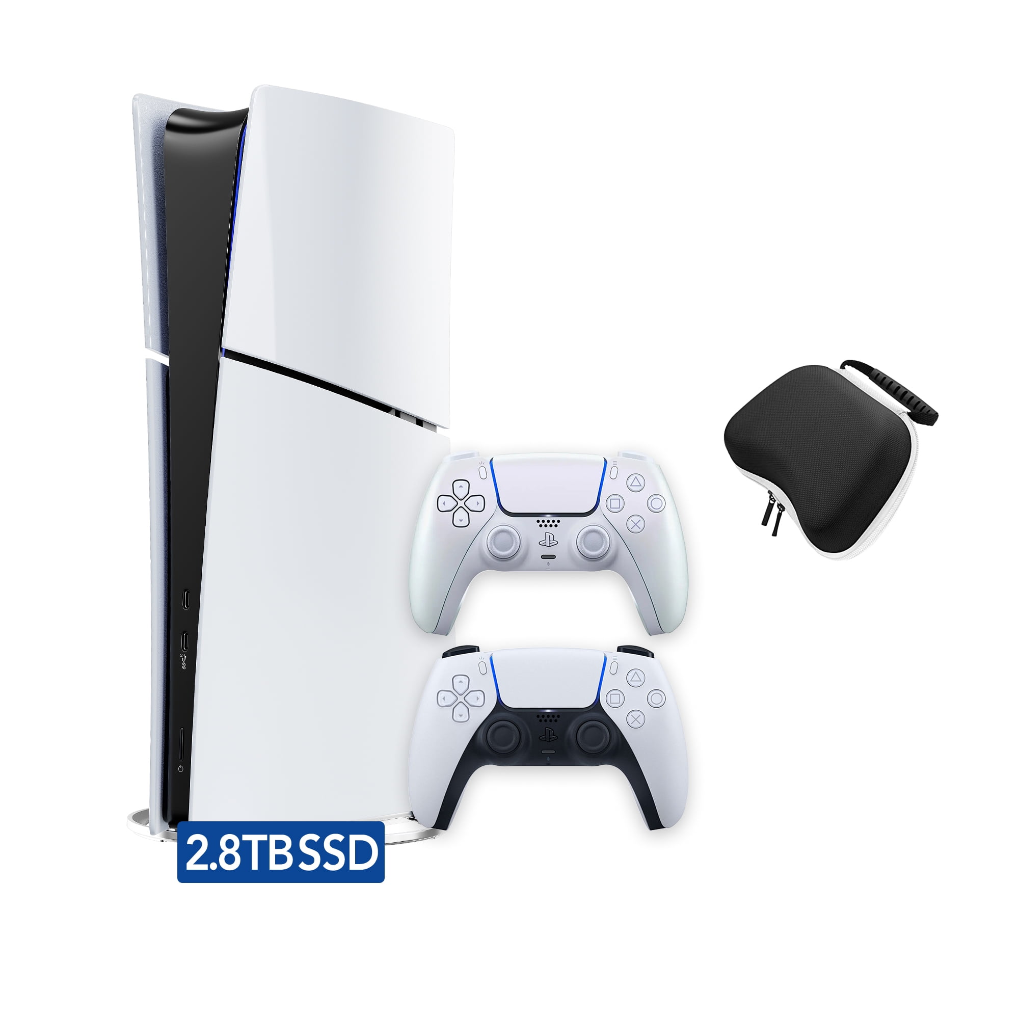 PlayStation 5 Slim Digital 2.8TB SSD Console with Two Controllers, White and Chroma Pearl DualSense and Hard Shell Protective Controller Case - PS5 Slim Digital Console