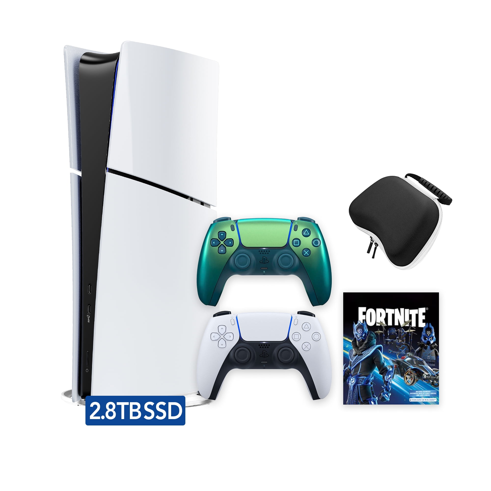 PlayStation 5 Slim Digital 2.8TB SSD Fortnite Cobalt Star Console with Two Controllers, White and Chroma Teal DualSense and Hard Shell Protective Controller Case - PS5 Slim Digital Console
