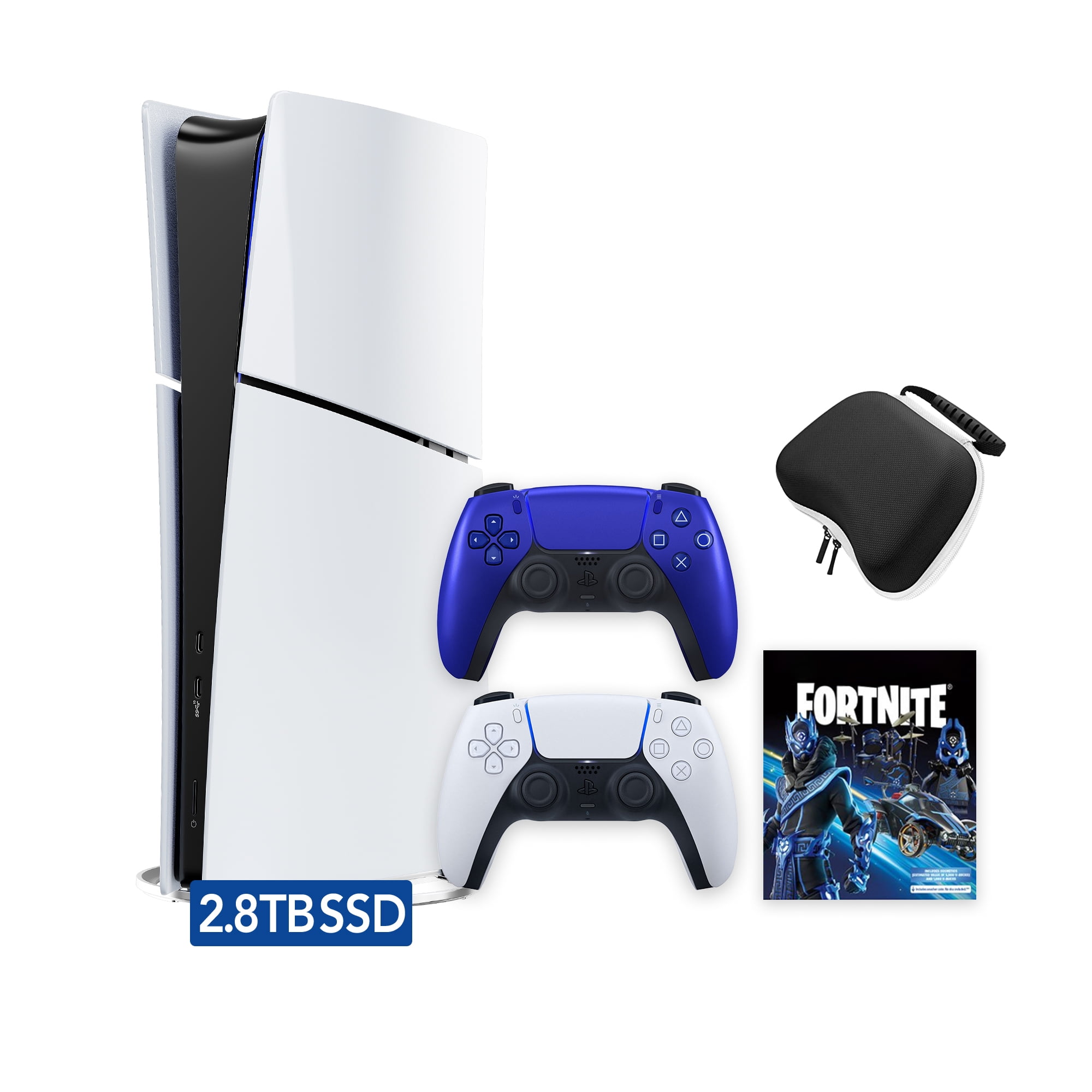 PlayStation 5 Slim Digital 2.8TB SSD Fortnite Cobalt Star Console with Two Controllers, White and Cobalt Blue DualSense and Hard Shell Protective Controller Case - PS5 Slim Digital Console