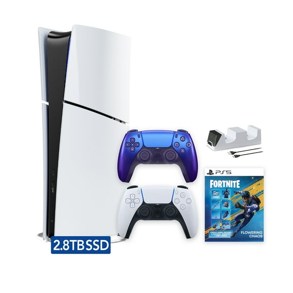 PlayStation 5 Slim Digital 2.8TB SSD Fortnite Flowering Chaos Console with Two Controllers, White and Chroma Indigo DualSense and Dual Controller Charger - PS5 Slim Digital Console