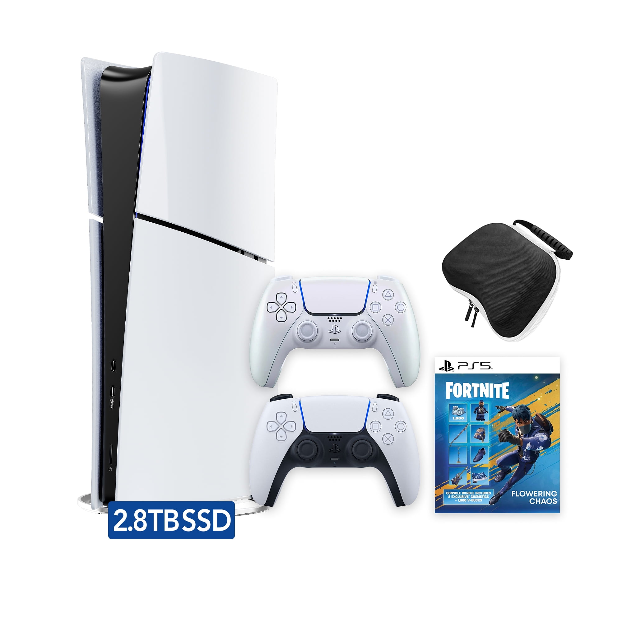 PlayStation 5 Slim Digital 2.8TB SSD Fortnite Flowering Chaos Console with Two Controllers, White and Chroma Pearl DualSense and Hard Shell Protective Controller Case - PS5 Slim Digital Console