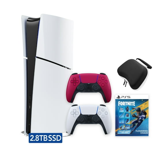 PlayStation 5 Slim Digital 2.8TB SSD Fortnite Flowering Chaos Console with Two Controllers, White and Cosmic Red DualSense and Hard Shell Protective Controller Case - PS5 Slim Digital Console
