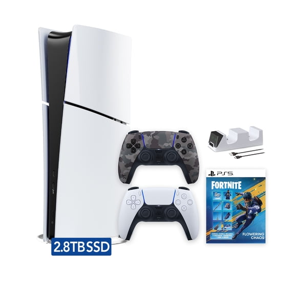 PlayStation 5 Slim Digital 2.8TB SSD Fortnite Flowering Chaos Console with Two Controllers, White and Gray Camouflage DualSense and Dual Controller Charger - PS5 Slim Digital Console
