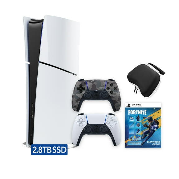 PlayStation 5 Slim Digital 2.8TB SSD Fortnite Flowering Chaos Console with Two Controllers, White and Gray Camouflage DualSense and Hard Shell Protective Controller Case - PS5 Slim Digital Console