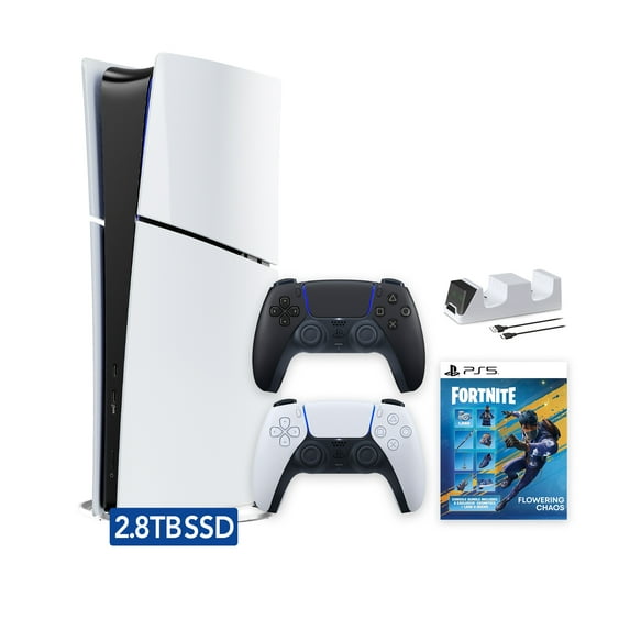 PlayStation 5 Slim Digital 2.8TB SSD Fortnite Flowering Chaos Console with Two Controllers, White and Midnight Black DualSense and Dual Controller Charger - PS5 Slim Digital Console