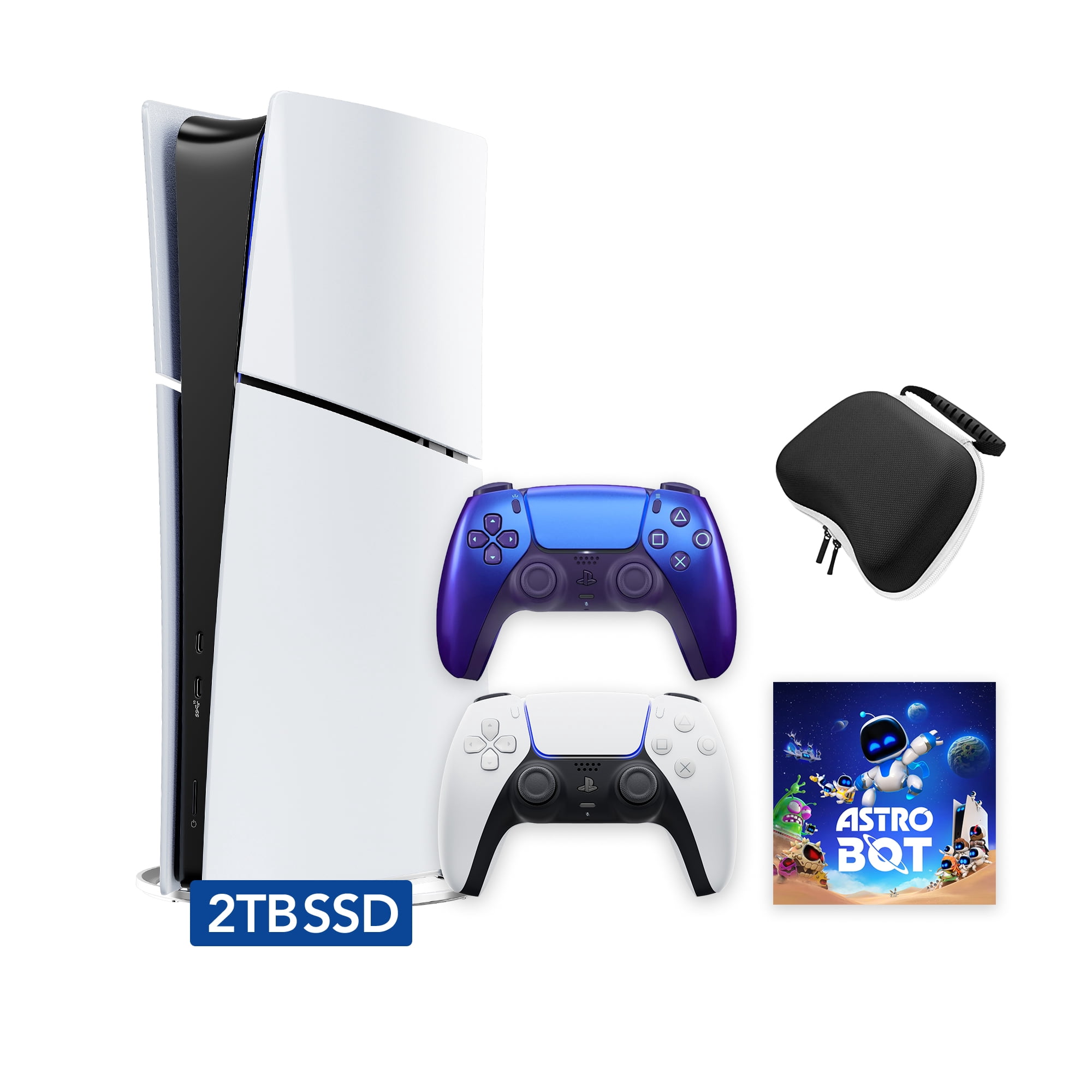 PlayStation 5 Slim Digital 2TB SSD ASTRO BOT Console with Two Controllers, White and Chroma Indigo DualSense and Hard Shell Protective Controller Case - PS5 Slim Digital Console