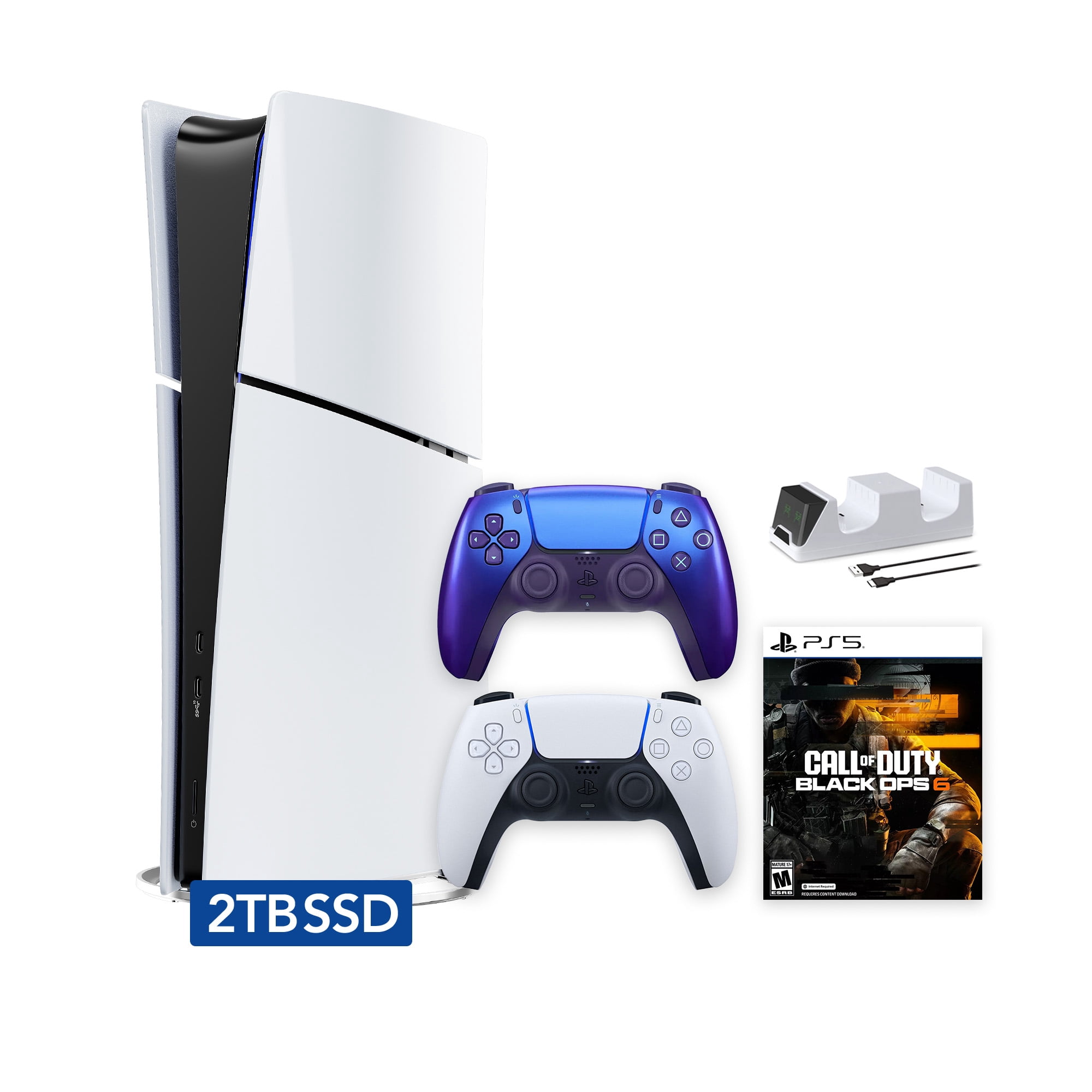 PlayStation 5 Slim Digital 2TB SSD Call of Duty Black Ops 6 Console with Two Controllers, White and Chroma Indigo DualSense and Dual Controller Charger - PS5 Slim Digital Console