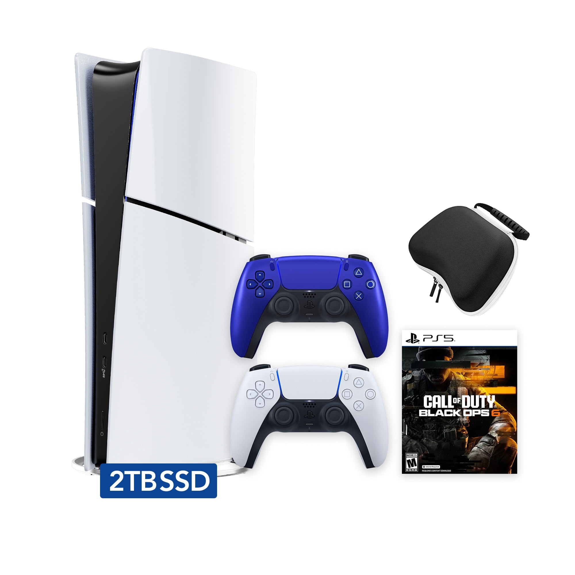 PlayStation 5 Slim Digital 2TB SSD Call of Duty Black Ops 6 Console with Two Controllers, White and Cobalt Blue DualSense and Hard Shell Protective Controller Case - PS5 Slim Digital Console