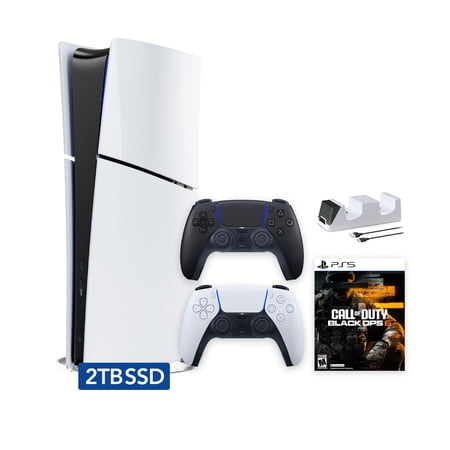 PlayStation 5 Slim Digital 2TB SSD Call of Duty Black Ops 6 Console with Two Controllers, White and Midnight Black DualSense and Dual Controller Charger - PS5 Slim Digital Console