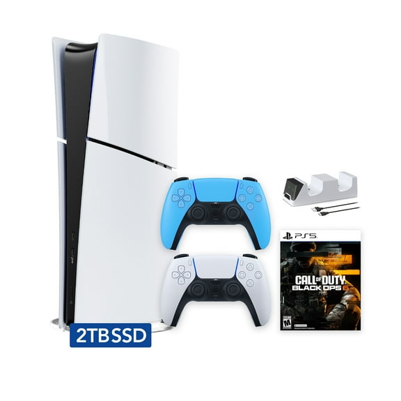 PlayStation 5 Slim Digital 2TB SSD Call of Duty Black Ops 6 Console with Two Controllers, White and Starlight Blue DualSense and Dual Controller Charger - PS5 Slim Digital Console