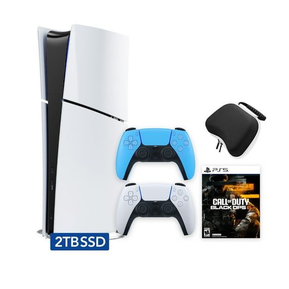 PlayStation 5 Slim Digital 2TB SSD Call of Duty Black Ops 6 Console with Two Controllers, White and Starlight Blue DualSense and Hard Shell Protective Controller Case - PS5 Slim Digital Console
