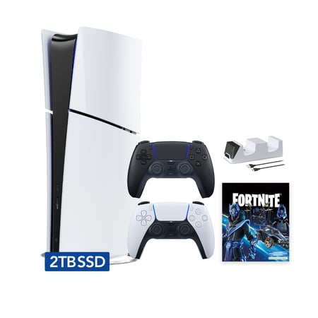 PlayStation 5 Slim Digital 2TB SSD Fortnite Cobalt Star Console with Two Controllers, White and Midnight Black DualSense and Dual Controller Charger - PS5 Slim Digital Console