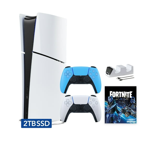 PlayStation 5 Slim Digital 2TB SSD Fortnite Cobalt Star Console with Two Controllers, White and Starlight Blue DualSense and Dual Controller Charger - PS5 Slim Digital Console