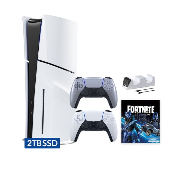 PlayStation 5 Slim Disc 2TB SSD Fortnite Cobalt Star Bundle with Two Controllers, White and Sterling Silver DualSense and Mytrix Dual Controller Charger - PS5 Slim Disc Edition