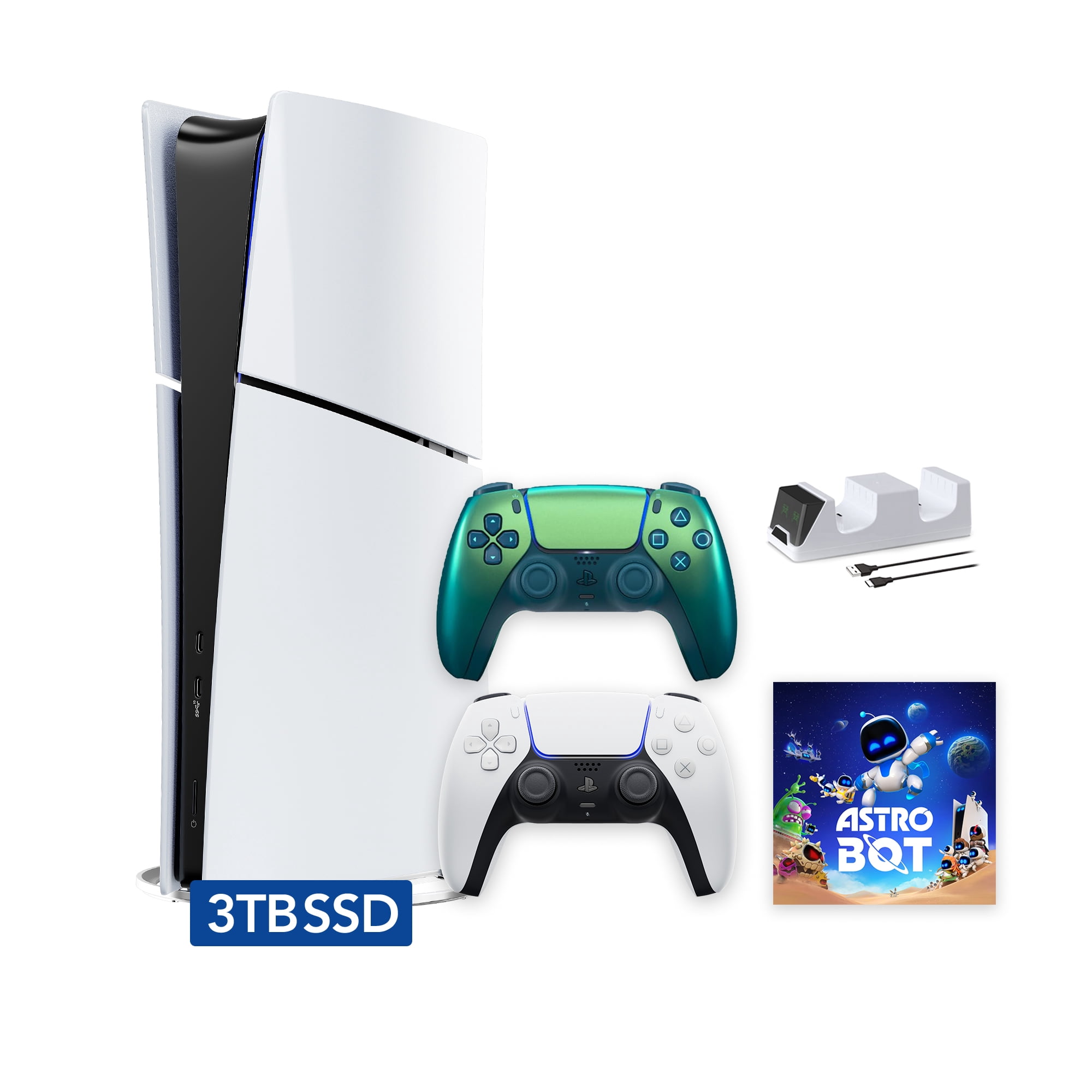 PlayStation 5 Slim Digital 3TB SSD ASTRO BOT Console with Two Controllers, White and Chroma Teal DualSense and Dual Controller Charger - PS5 Slim Digital Console