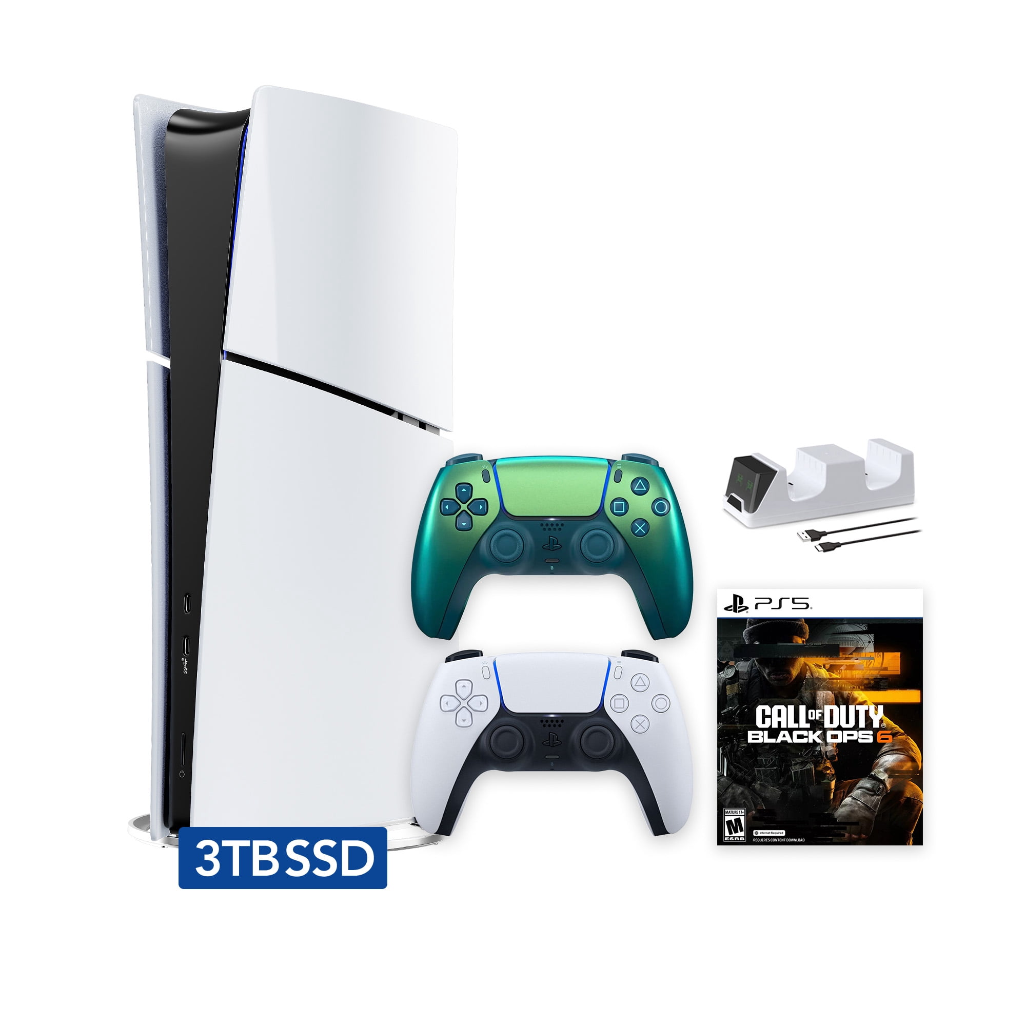 PlayStation 5 Slim Digital 3TB SSD Call of Duty Black Ops 6 Console with Two Controllers, White and Chroma Teal DualSense and Dual Controller Charger - PS5 Slim Digital Console