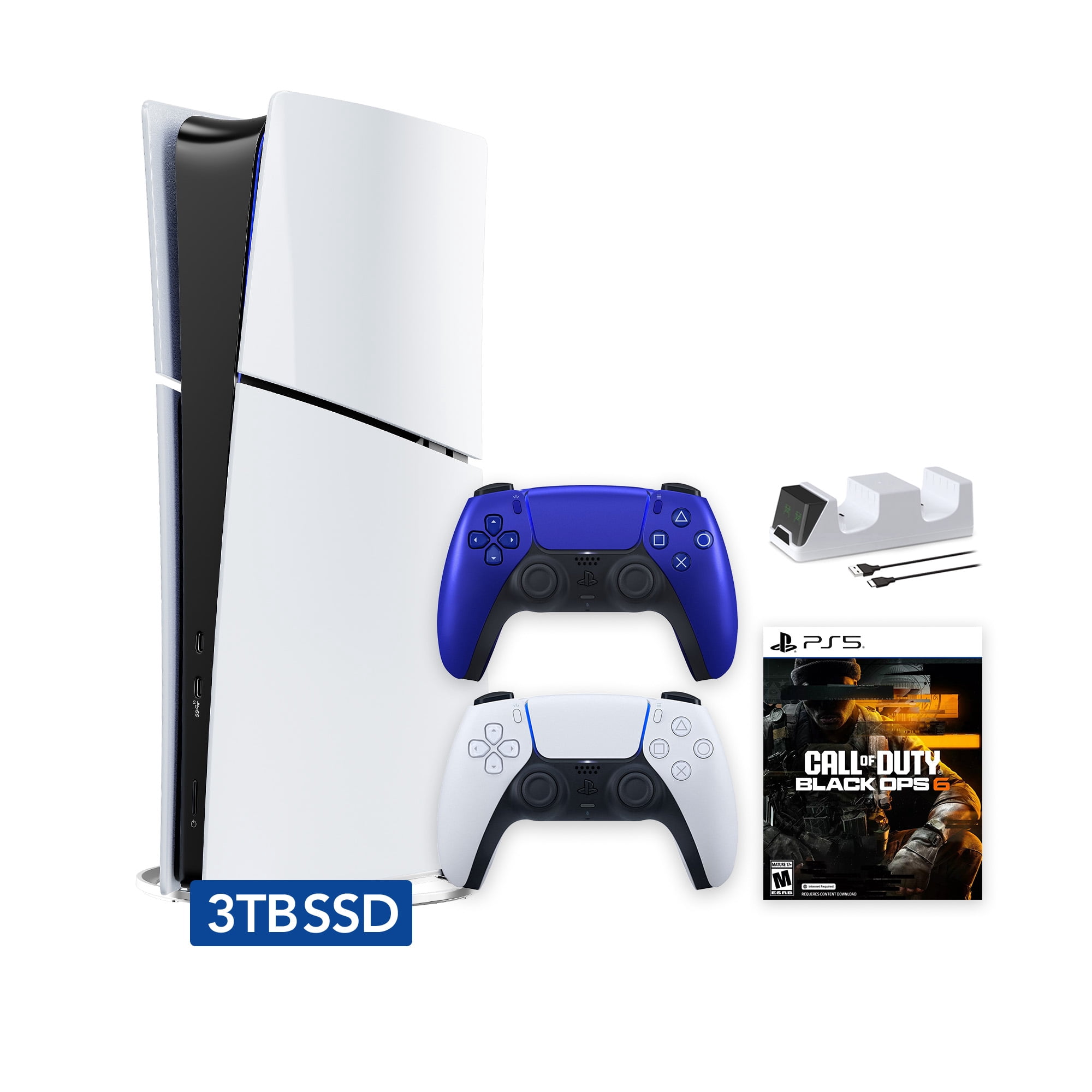 PlayStation 5 Slim Digital 3TB SSD Call of Duty Black Ops 6 Console with Two Controllers, White and Cobalt Blue DualSense and Dual Controller Charger - PS5 Slim Digital Console