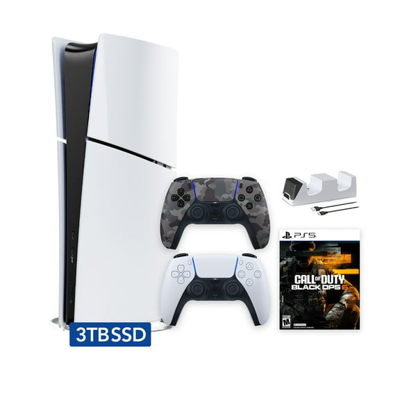 PlayStation 5 Slim Digital 3TB SSD Call of Duty Black Ops 6 Console with Two Controllers, White and Gray Camouflage DualSense and Dual Controller Charger - PS5 Slim Digital Console
