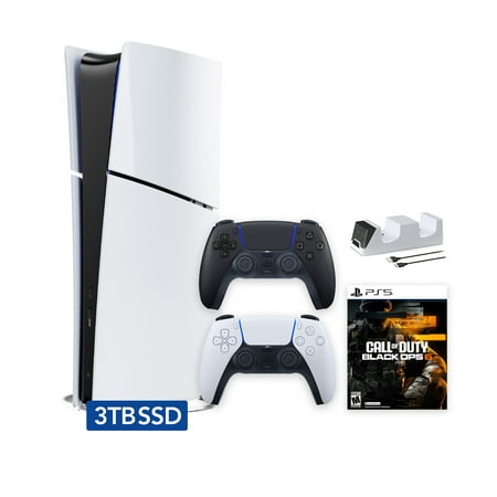 PlayStation 5 Slim Digital 3TB SSD Call of Duty Black Ops 6 Console with Two Controllers, White and Midnight Black DualSense and Dual Controller Charger - PS5 Slim Digital Console