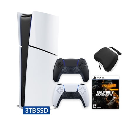 PlayStation 5 Slim Digital 3TB SSD Call of Duty Black Ops 6 Console with Two Controllers, White and Midnight Black DualSense and Hard Shell Protective Controller Case - PS5 Slim Digital Console