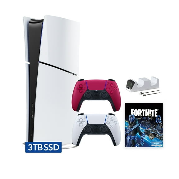 PlayStation 5 Slim Digital 3TB SSD Fortnite Cobalt Star Console with Two Controllers, White and Cosmic Red DualSense and Dual Controller Charger - PS5 Slim Digital Console