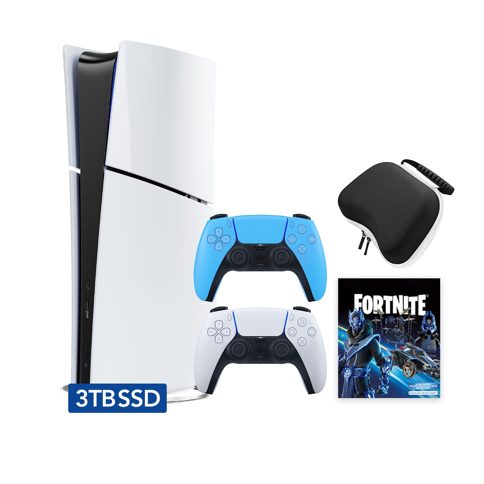 PlayStation 5 Slim Digital 3TB SSD Fortnite Cobalt Star Console with Two Controllers, White and Starlight Blue DualSense and Hard Shell Protective Controller Case - PS5 Slim Digital Console