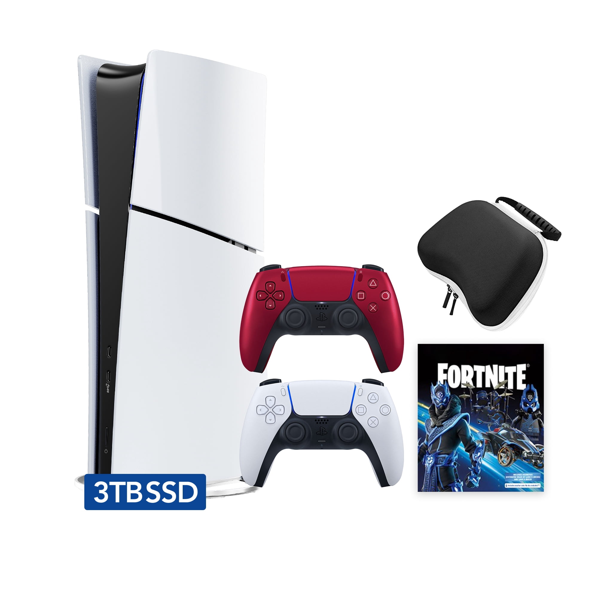 PlayStation 5 Slim Digital 3TB SSD Fortnite Cobalt Star Console with Two Controllers, White and Volcanic Red DualSense and Hard Shell Protective Controller Case - PS5 Slim Digital Console