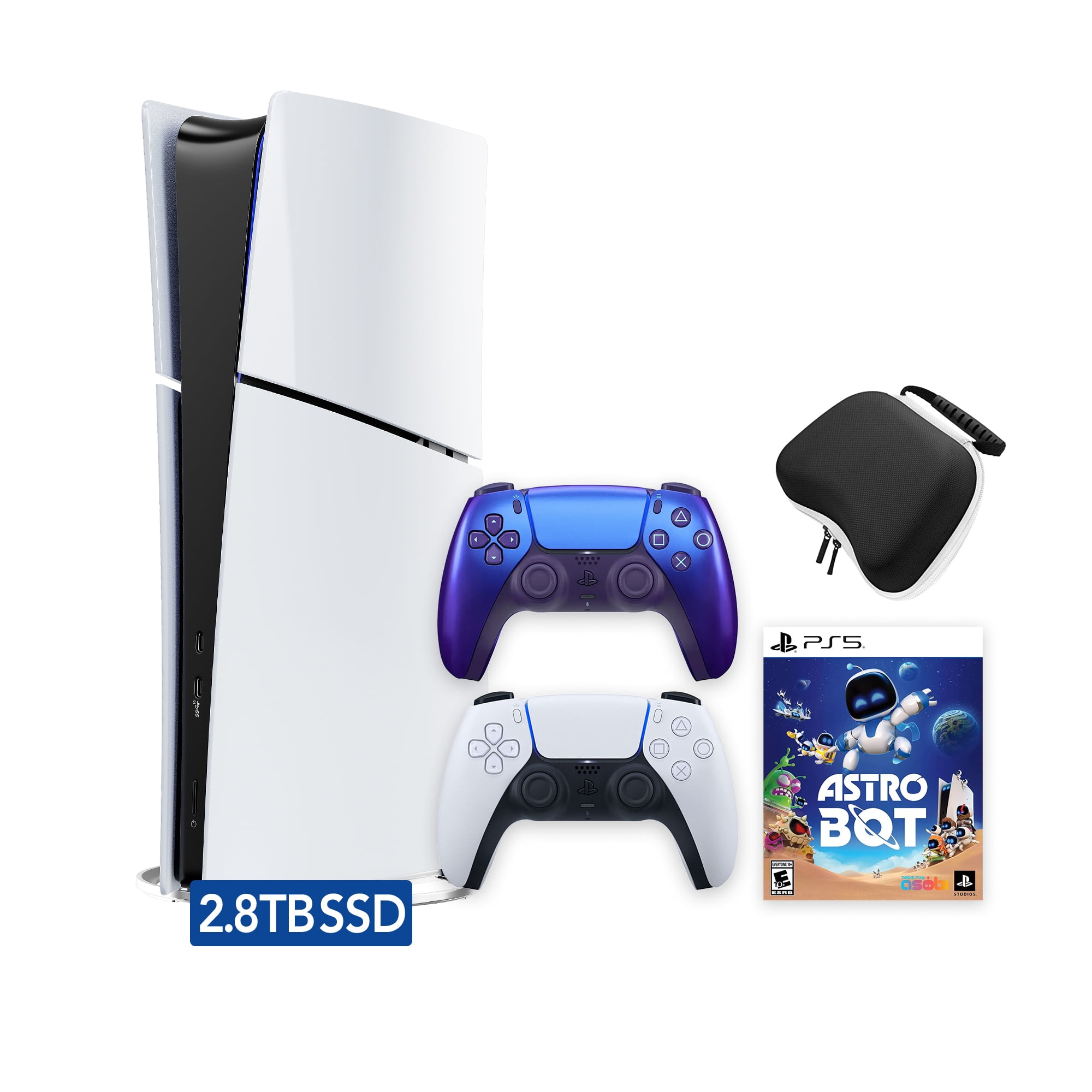PlayStation 5 Slim Digital 2.8TB SSD ASTRO BOT Console with Two Controllers, White and Chroma Indigo DualSense and Hard Shell Protective Controller Case - PS5 Slim Digital Console