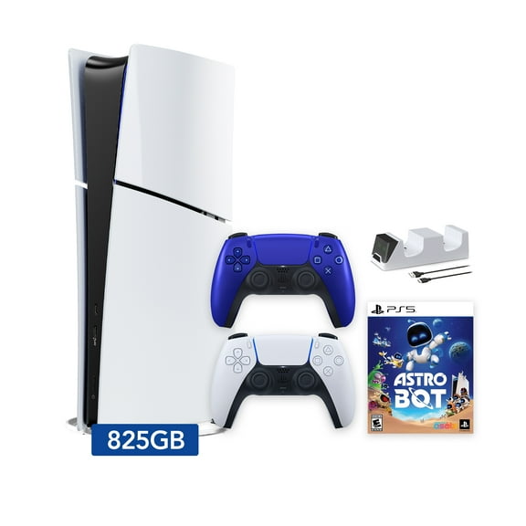 PlayStation 5 Slim Digital 825GB SSD ASTRO BOT Console with Two Controllers, White and Cobalt Blue DualSense and Dual Controller Charger - PS5 Slim Digital Console
