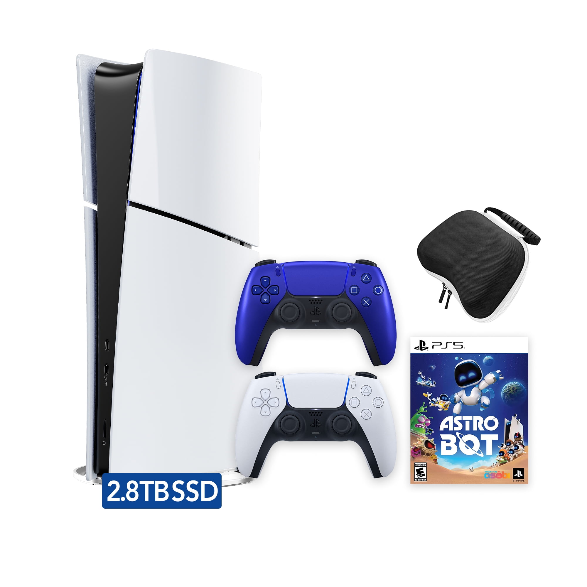 PlayStation 5 Slim Digital 2.8TB SSD ASTRO BOT Console with Two Controllers, White and Cobalt Blue DualSense and Hard Shell Protective Controller Case - PS5 Slim Digital Console