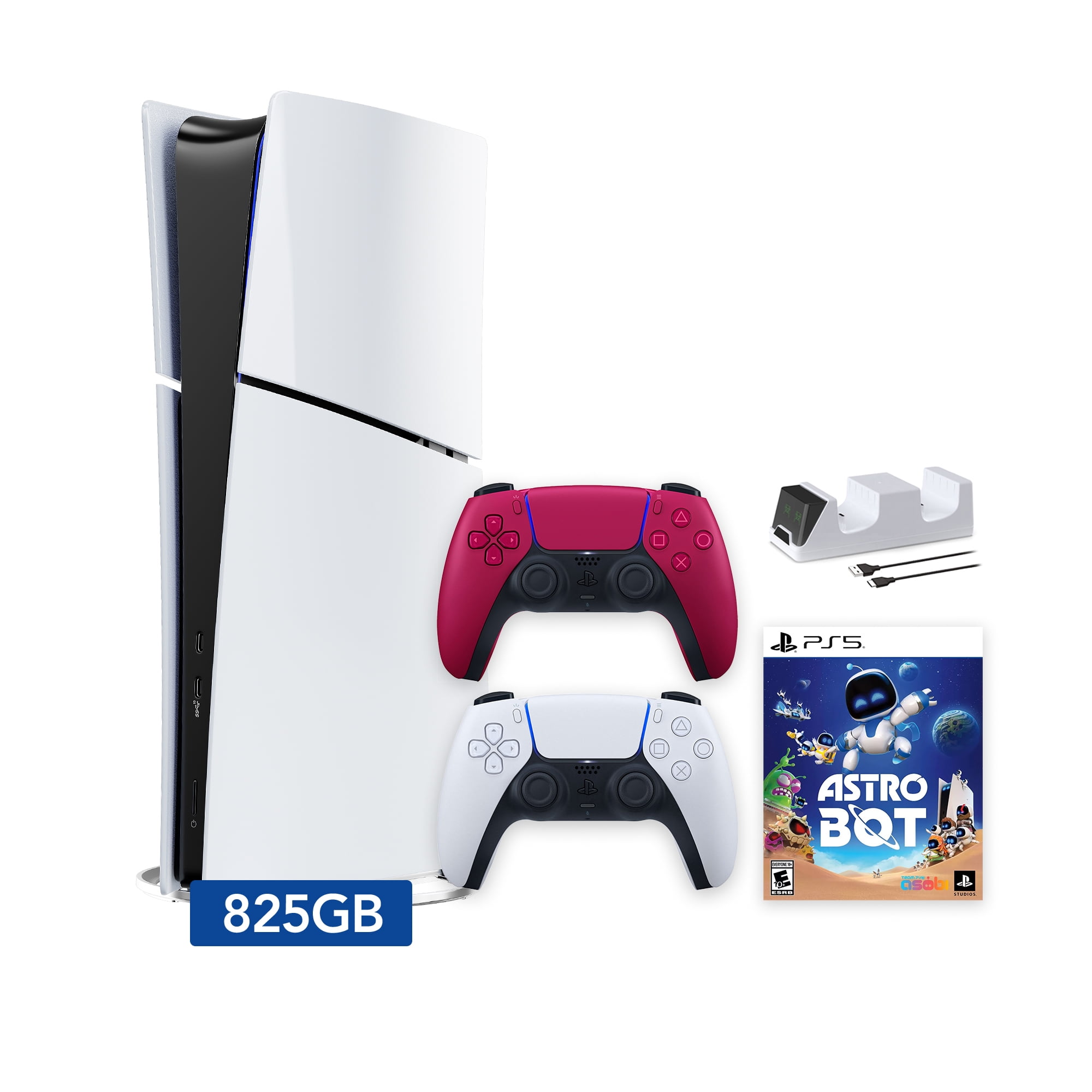 PlayStation 5 Slim Digital 825GB SSD ASTRO BOT Console with Two Controllers, White and Cosmic Red DualSense and Dual Controller Charger - PS5 Slim Digital Console