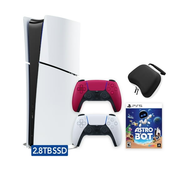 PlayStation 5 Slim Digital 2.8TB SSD ASTRO BOT Console with Two Controllers, White and Cosmic Red DualSense and Hard Shell Protective Controller Case - PS5 Slim Digital Console