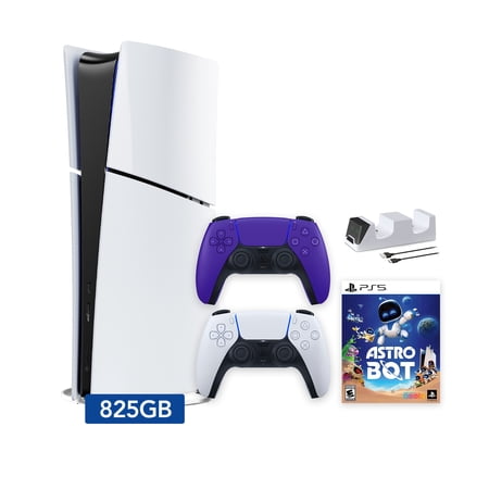 PlayStation 5 Slim Digital 825GB SSD ASTRO BOT Console with Two Controllers, White and Galactic Purple DualSense and Dual Controller Charger - PS5 Slim Digital Console