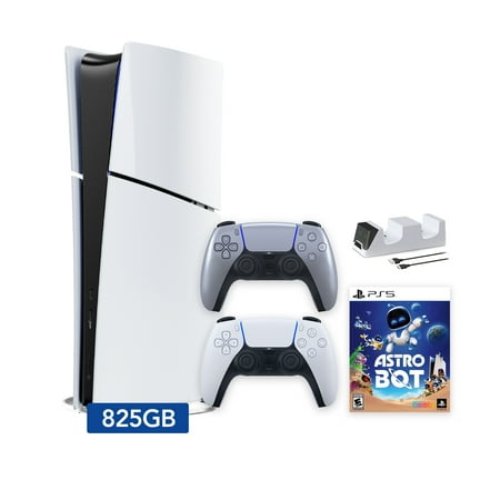 PlayStation 5 Slim Digital 825GB SSD ASTRO BOT Console with Two Controllers, White and Sterling Silver DualSense and Dual Controller Charger - PS5 Slim Digital Console