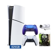 PlayStation 5 Slim Digital 825GB SSD Call of Duty Modern Warfare II Console with Two Controllers, White and Chroma Indigo DualSense and Dual Controller Charger - PS5 Slim Digital Console