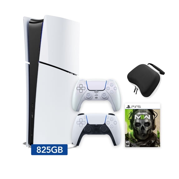 PlayStation 5 Slim Digital 825GB SSD Call of Duty Modern Warfare II Console with Two Controllers, White and Chroma Pearl DualSense, Hard Shell Protective Controller Case - PS5 Slim Digital Console
