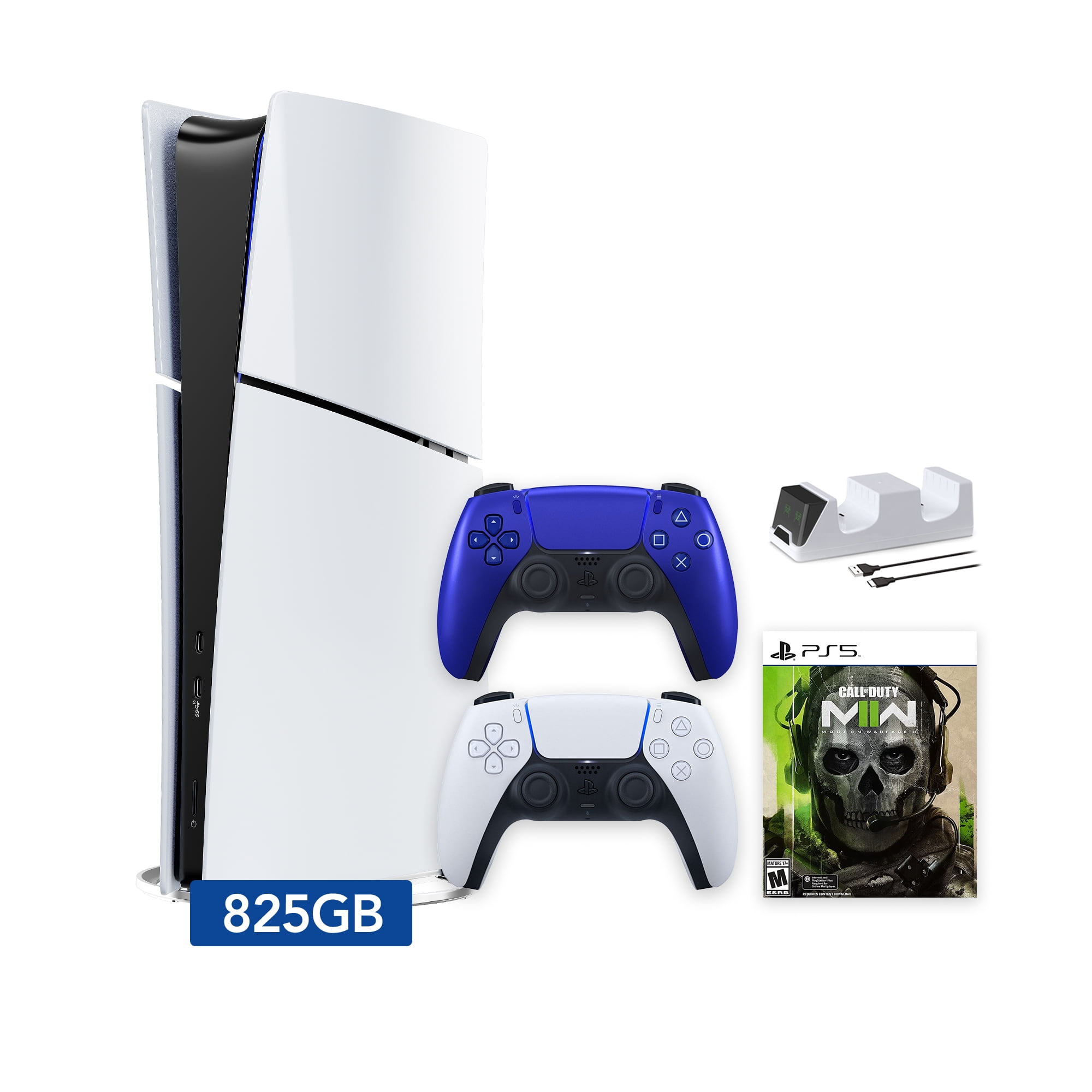 PlayStation 5 Slim Digital 825GB SSD Call of Duty Modern Warfare II Console with Two Controllers, White and Cobalt Blue DualSense and Dual Controller Charger - PS5 Slim Digital Console