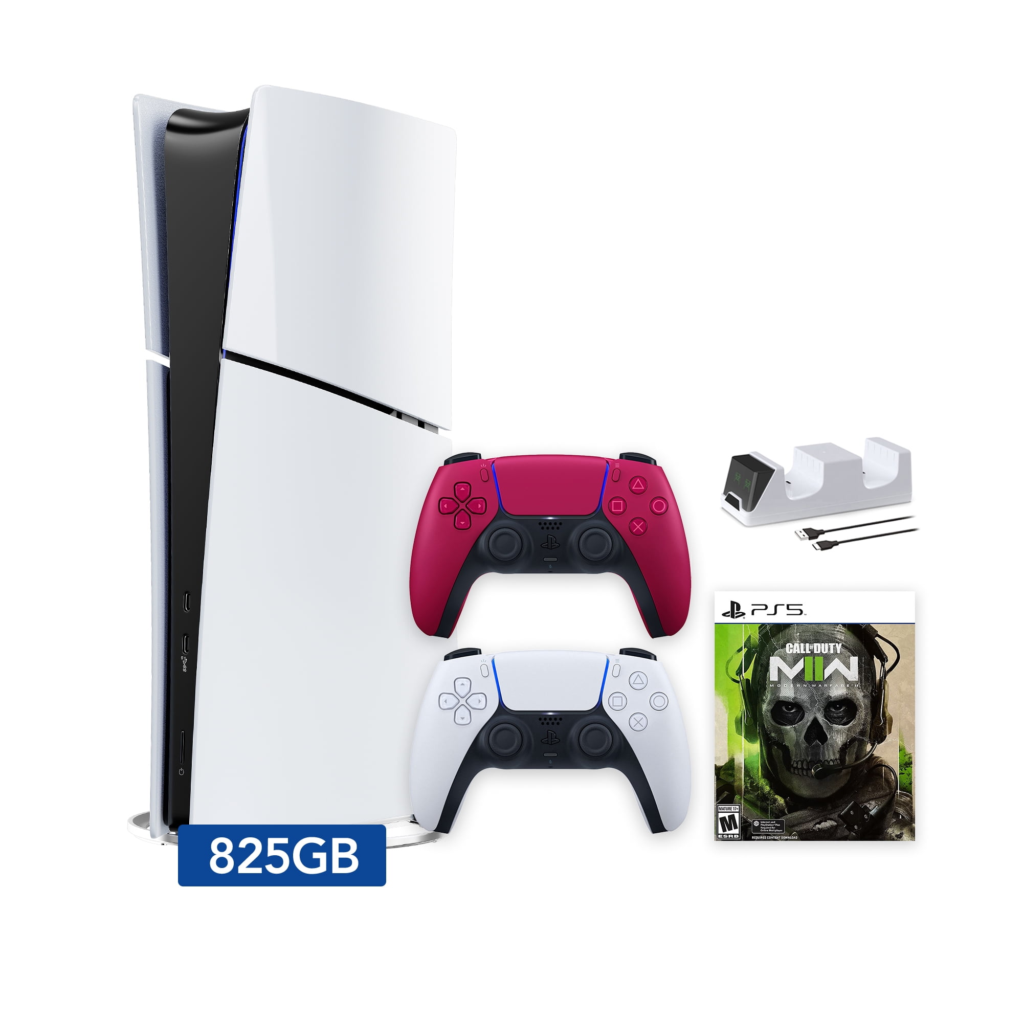 PlayStation 5 Slim Digital 825GB SSD Call of Duty Modern Warfare II Console with Two Controllers, White and Cosmic Red DualSense and Dual Controller Charger - PS5 Slim Digital Console