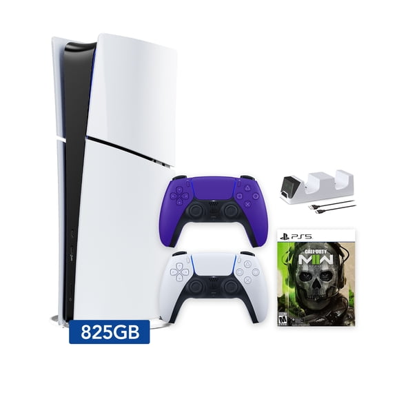 PlayStation 5 Slim Digital 825GB SSD Call of Duty Modern Warfare II Console with Two Controllers, White and Galactic Purple DualSense and Dual Controller Charger - PS5 Slim Digital Console
