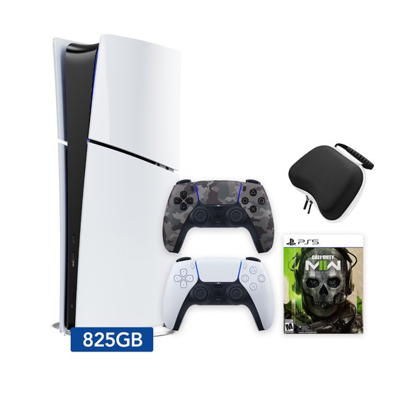 PlayStation 5 Slim Digital 825GB SSD Call of Duty Modern Warfare II Console with Two Controllers, White and Gray Camouflage DualSense, Hard Shell Protective Controller Case - PS5 Slim Digital Console